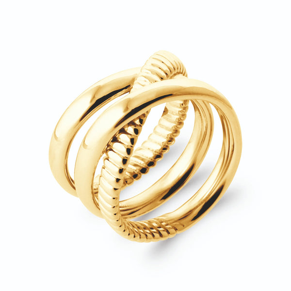 Bague trois joncs entrecroisés lisses et torsadés en plaqué or, vue de trois quarts