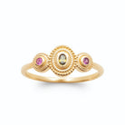 Bague trois pierres vert olive et rose framboise perlées en plaqué or
