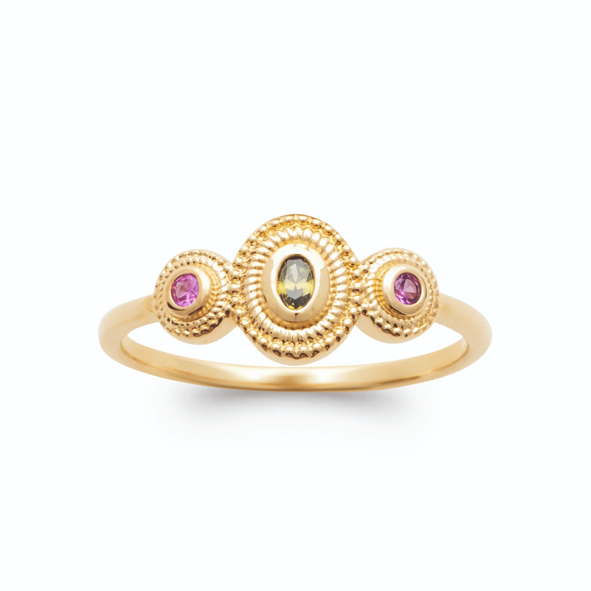 Bague trois pierres vert olive et rose framboise perlées en plaqué or