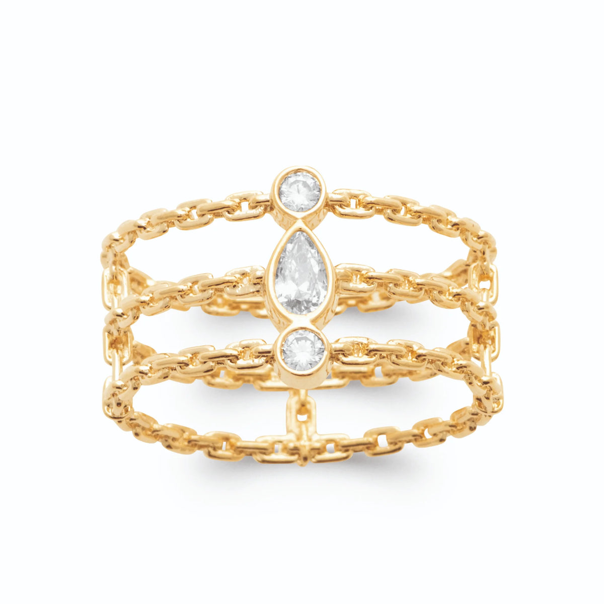 Bague trois rangs de chaîne forçat et ligne de zircons en plaqué or