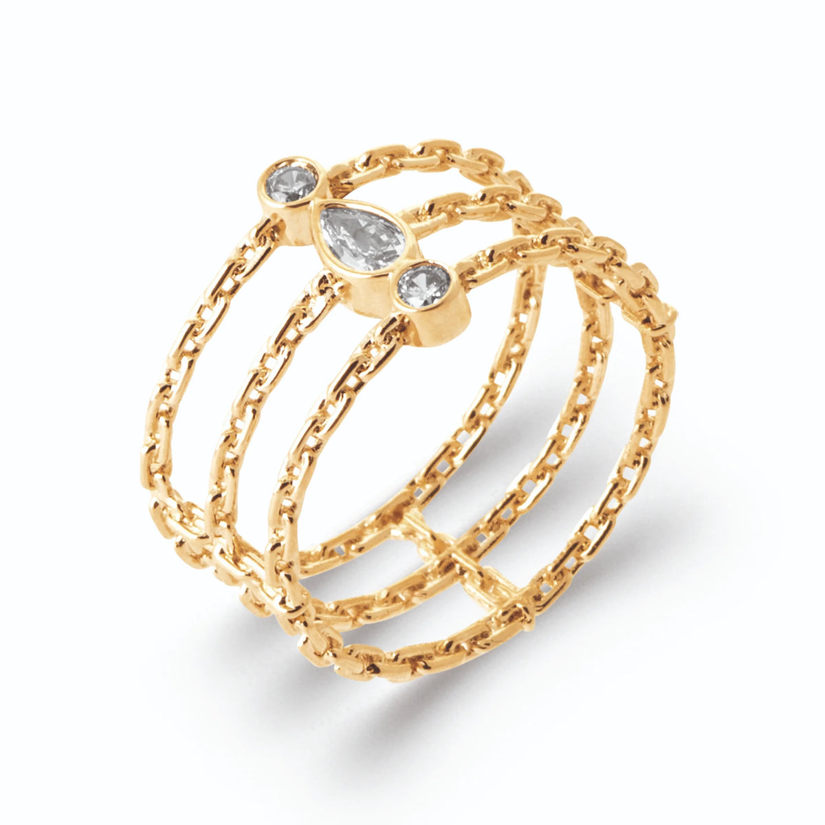 Bague trois rangs de chaîne forçat et ligne de zircons en plaqué or