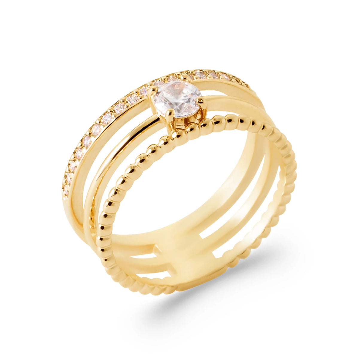 Bague trois rangs perlés, rang pavé et zircon rond en plaqué or, vue de trois quarts