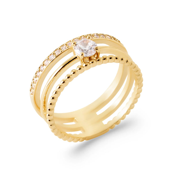Bague trois rangs perlés, rang pavé et zircon rond en plaqué or, vue de trois quarts