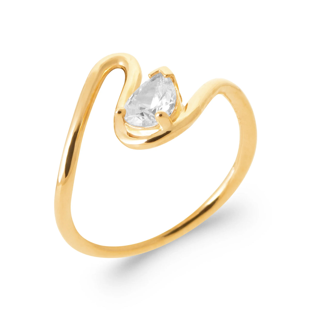 Bague vague asymétrique et zircon poire en plaqué or, vue de trois quarts