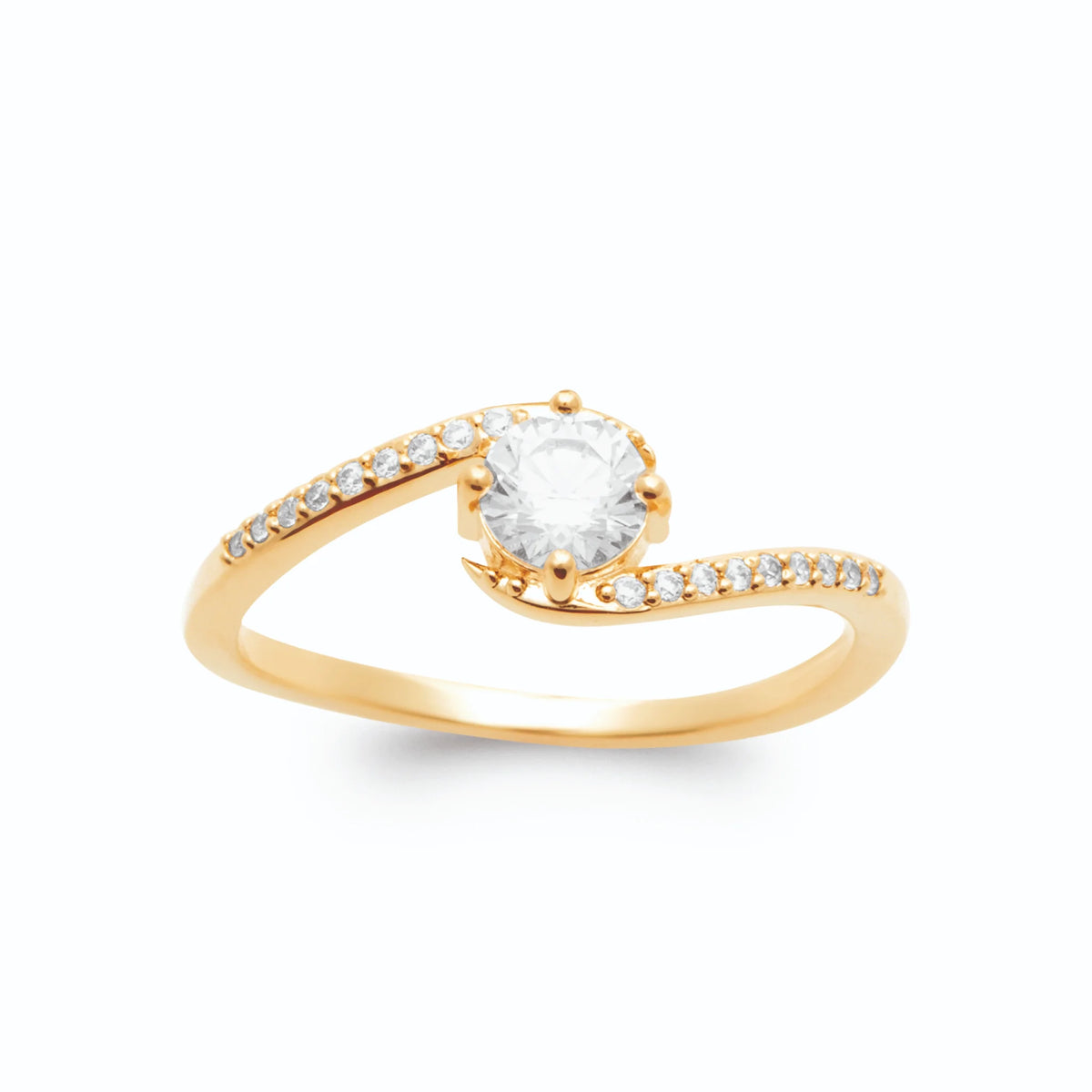 Bague vague croisée et zircon central pavée plaqué or, vue de face
