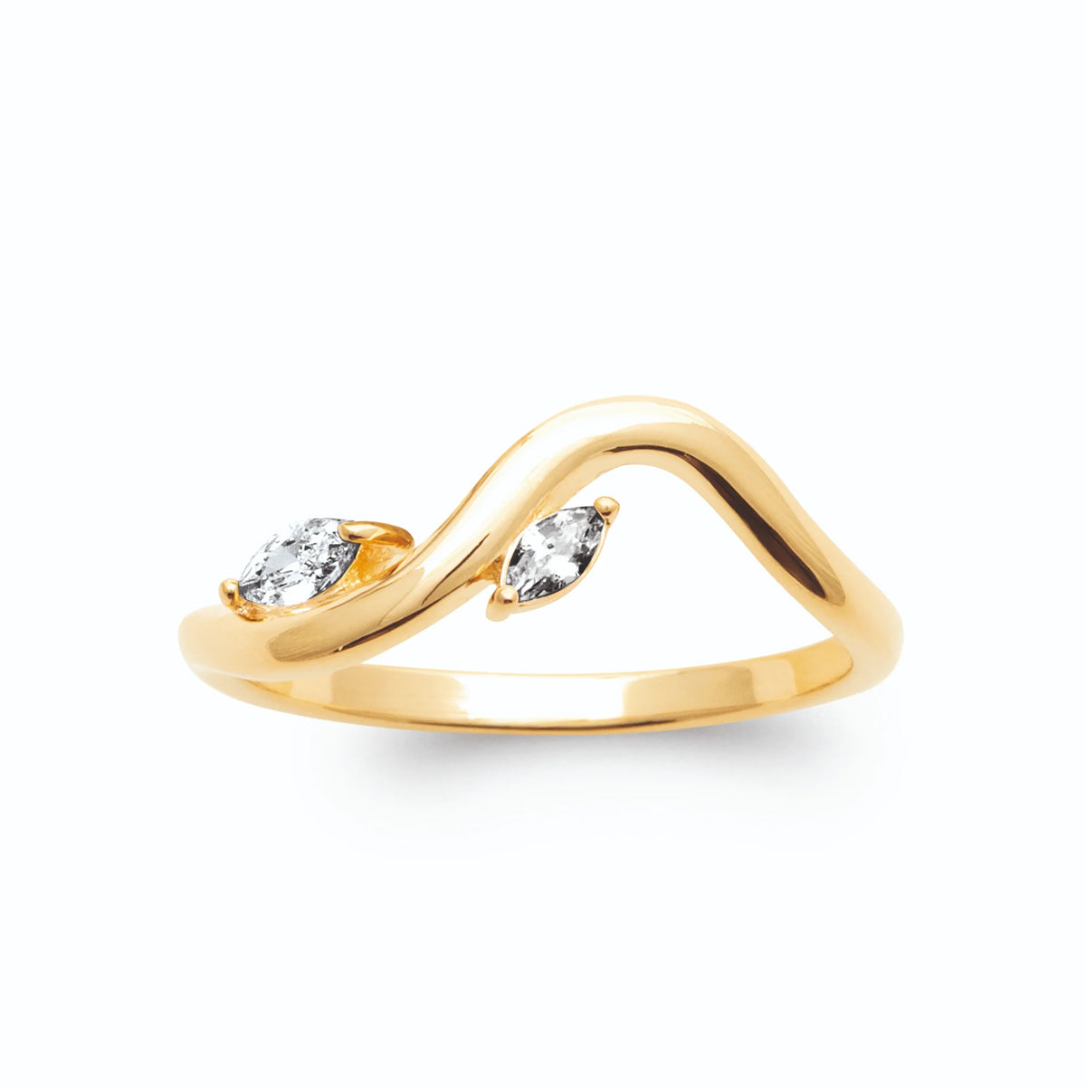 Bague vague deux zircons navettes en plaqué or