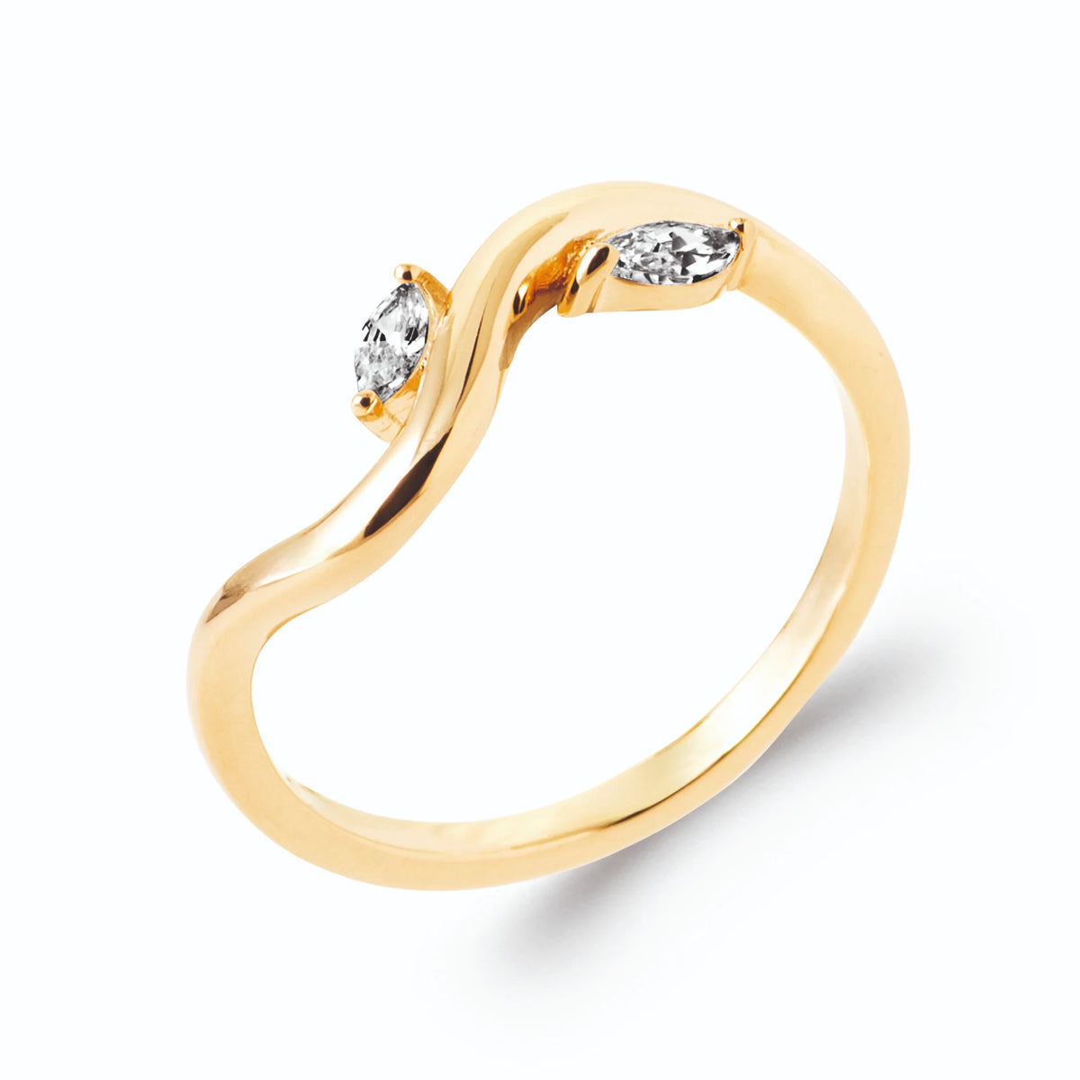 Bague vague deux zircons navettes en plaqué or