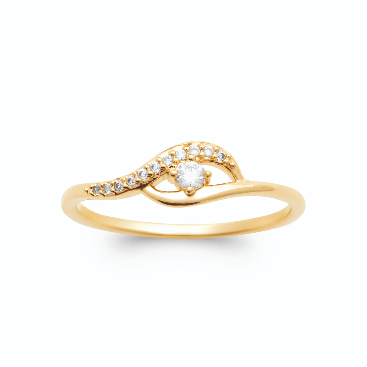 Bague vague fine zircon serti clos et ligne de zircons plaqué or, vue de face