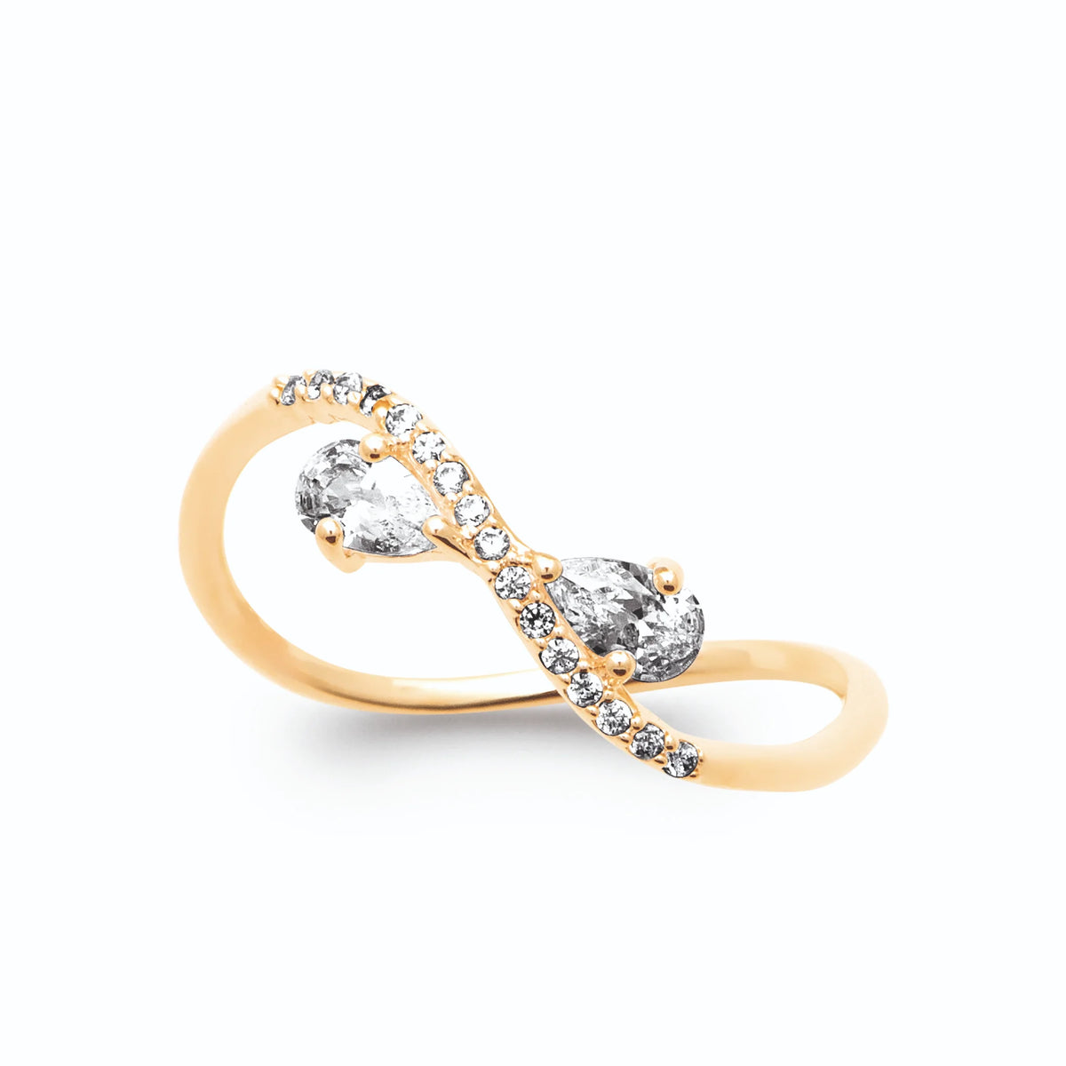 Bague vague pavée et zircon poire plaqué or, vue de face