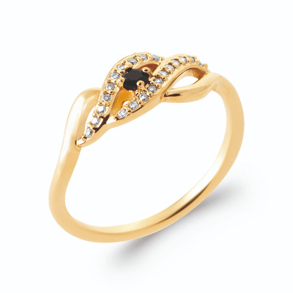 Bague vague pavée de zircons et pierre noire en plaqué or, vue de trois quarts