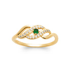 Bague vague pavée de zircons et pierre verte plaqué or, vue de face