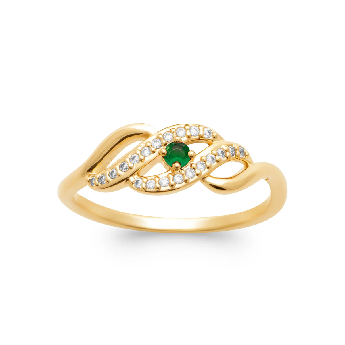 Bague vague pavée de zircons et pierre verte plaqué or, vue de face
