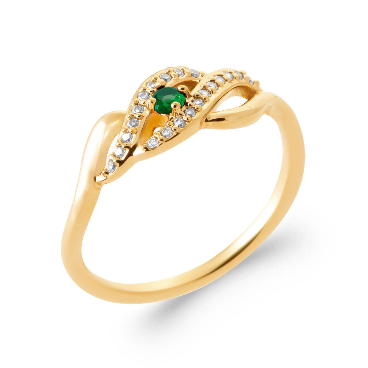 Bague vague pavée de zircons et pierre verte en plaqué or, vue de trois quarts