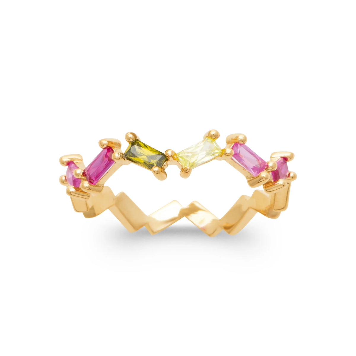 Bague zigzag pierres baguettes roses, vertes et jaunes plaqué or, vue de face