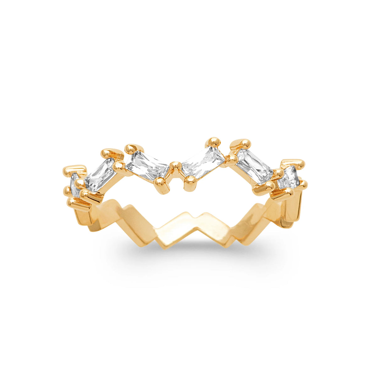 Bague zigzag zircons baguettes plaqué or, vue de face
