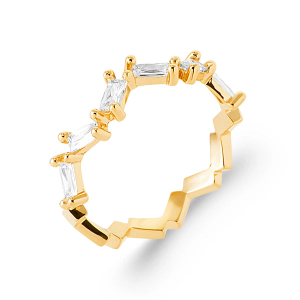 Bague zigzag zircons baguettes en plaqué or, vue de trois quarts