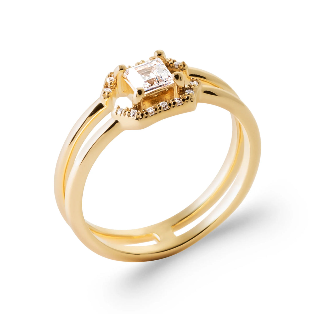 Bague zircon carré entourage carré de zircons sur double anneau en plaqué or