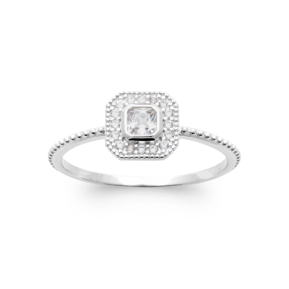 Bague zircon carré serti clos et halo de zircons en argent 925, vue de dessus