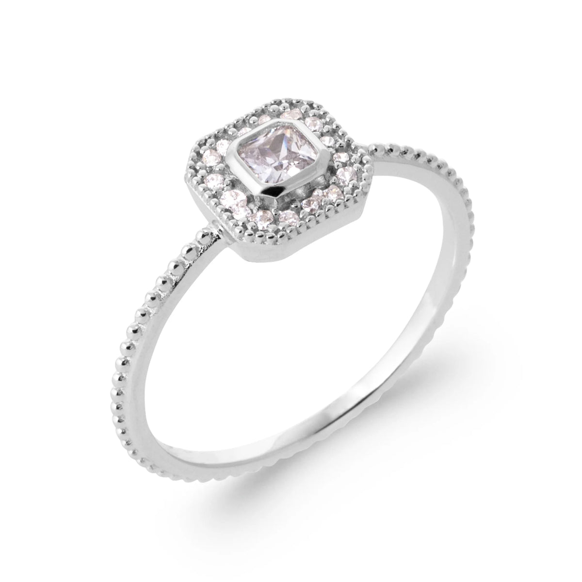 Bague zircon carré serti clos et halo de zircons en argent 925, vue de face