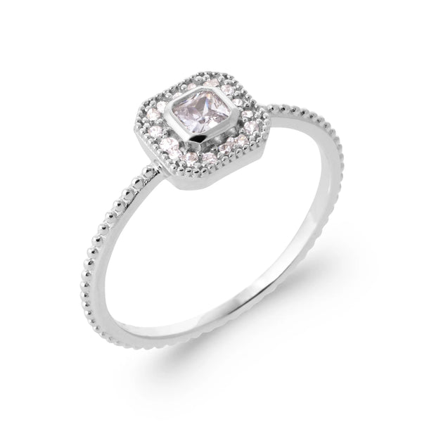 Bague zircon carré serti clos et halo de zircons en argent 925, vue de face
