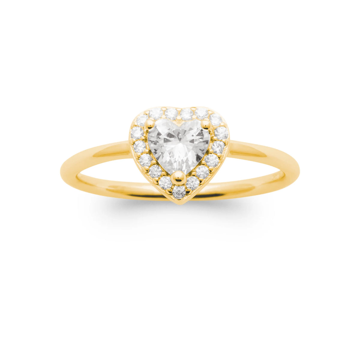 Bague zircon cœur blanc et entourage de zircons plaqué or, vue de face
