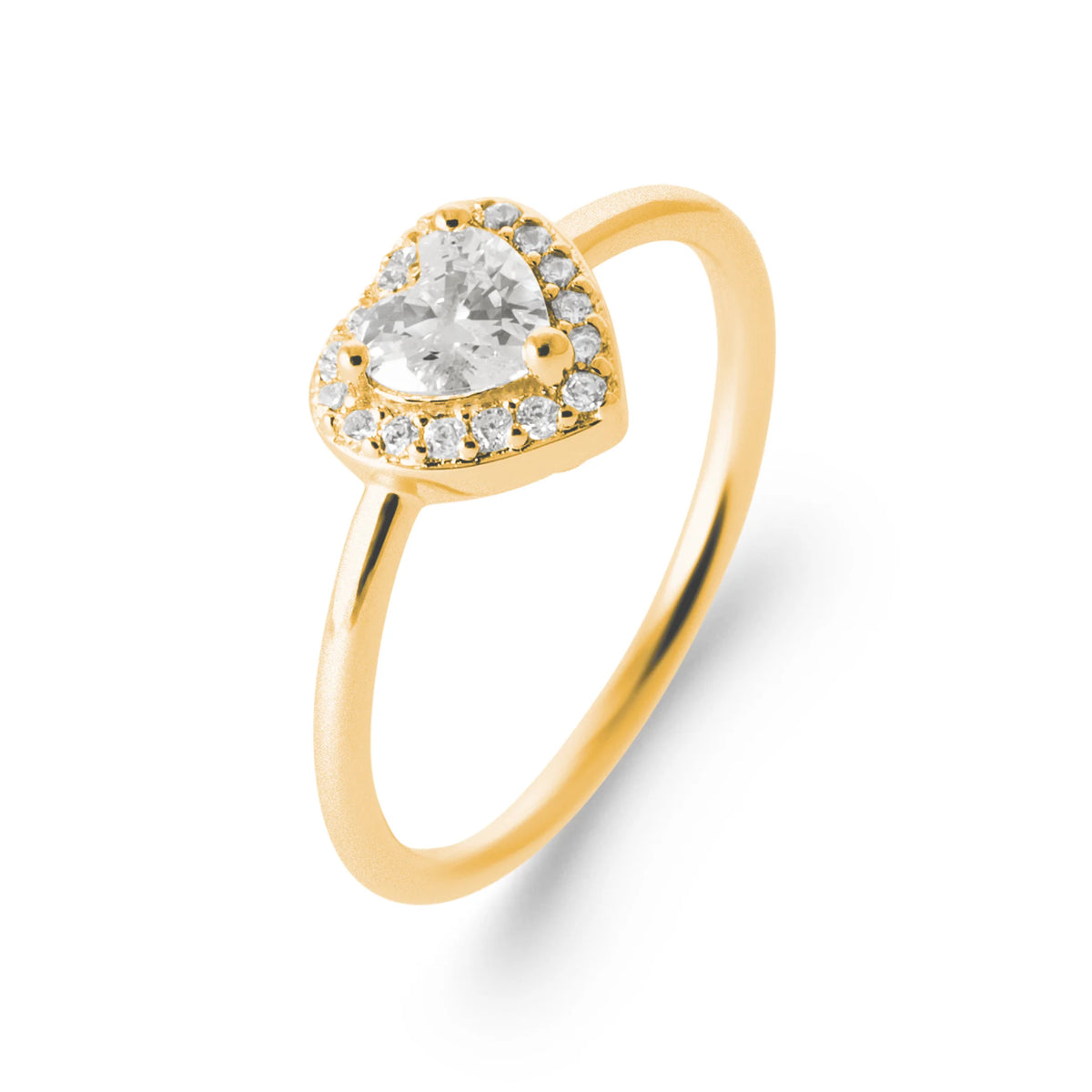 Bague zircon cœur blanc et entourage de zircons en plaqué or, vue de trois quarts