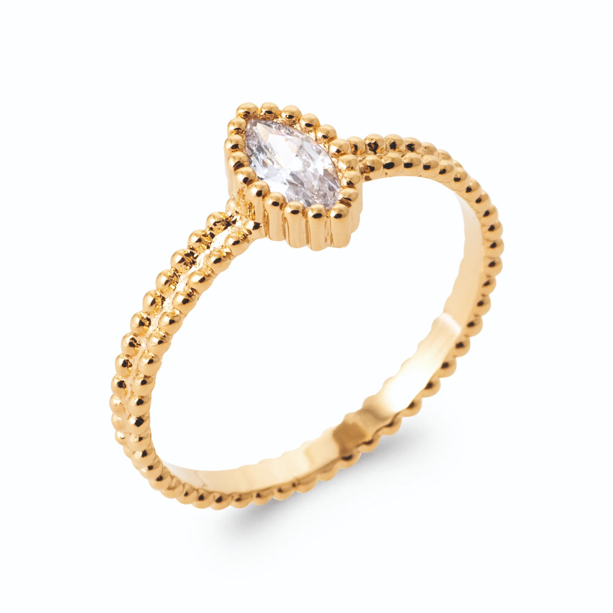 Bague zircon navette dans une collerette perlée sur anneau perlé en plaqué or
