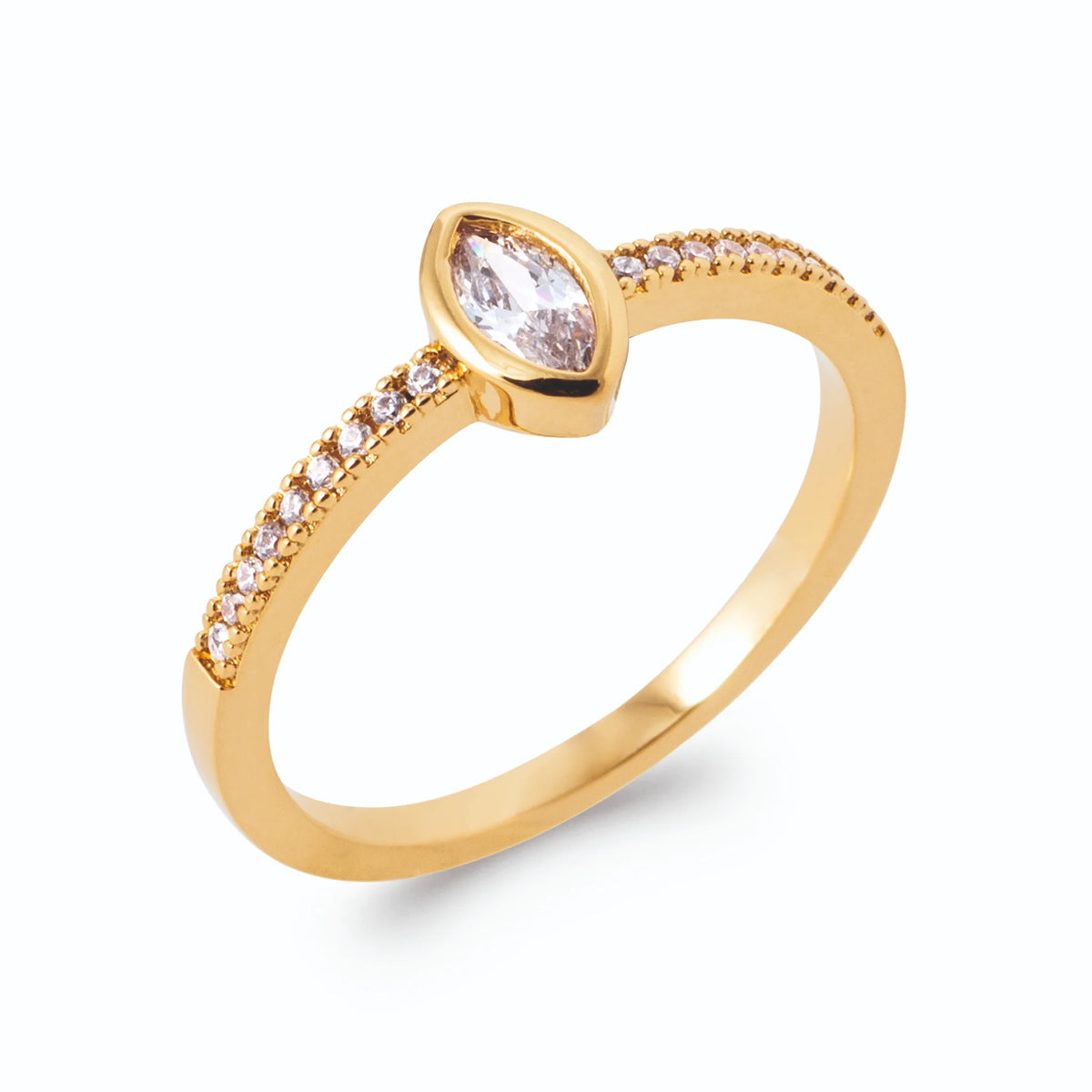 Bague zircon navette en serti clos sur anneau demi-pavé en plaqué or