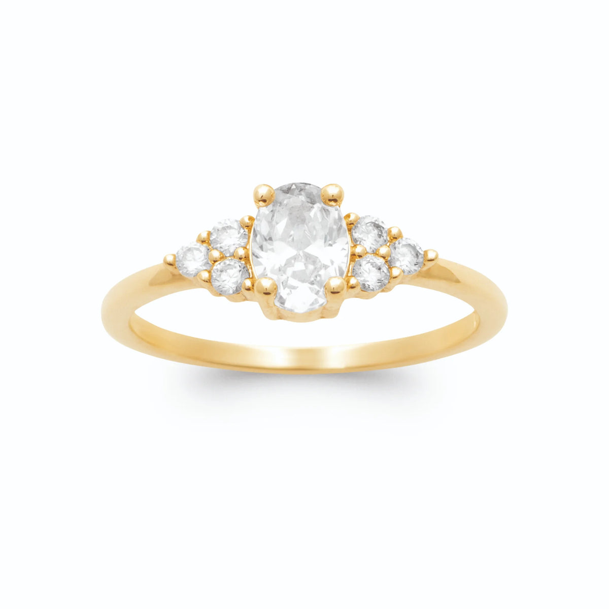 Bague zircon ovale blanc et trios de zircons plaqué or, vue de face