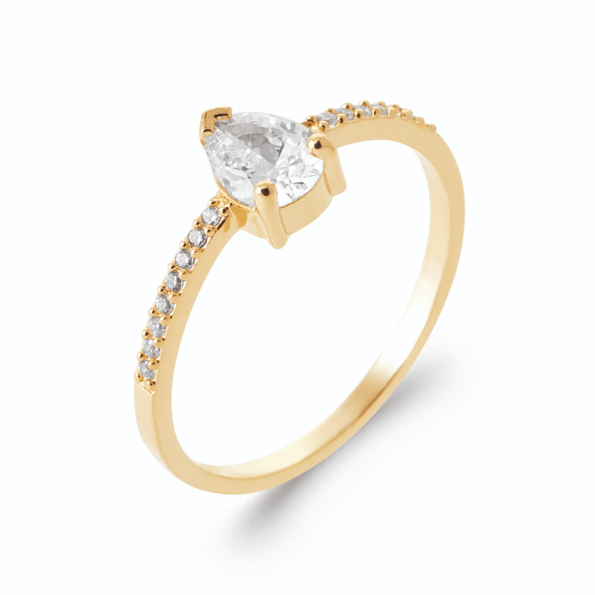Bague zircon poire sur anneau demi-pavé en plaqué or