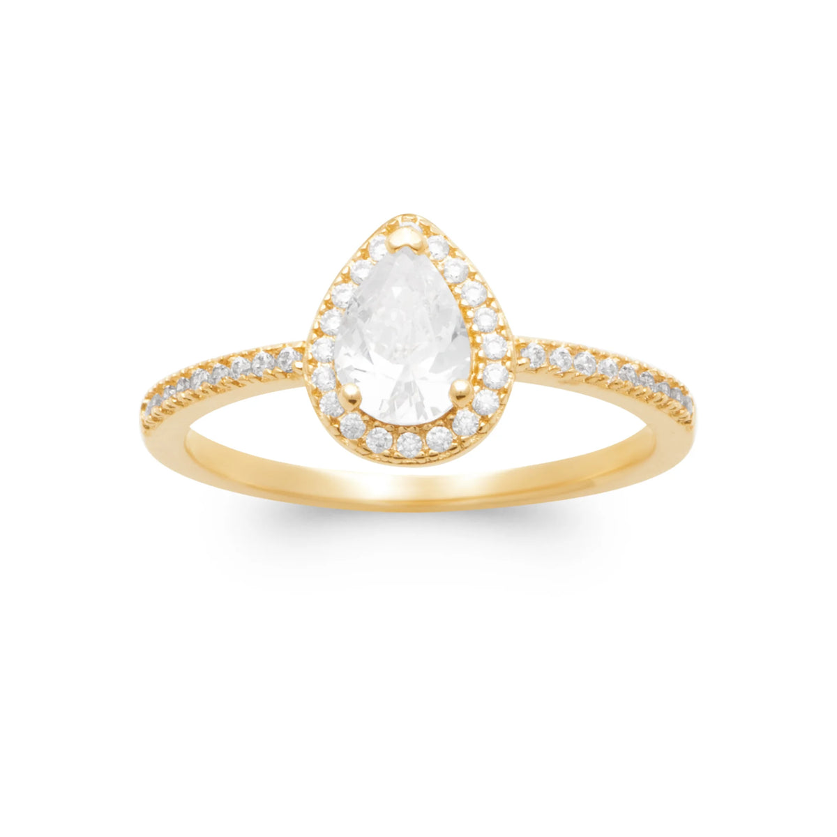 Bague zircon poire blanc et entourage de zircons plaqué or, vue de face
