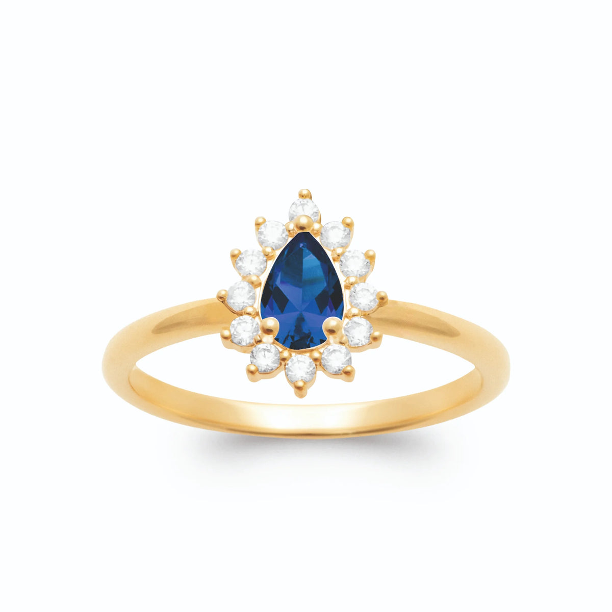 Bague zircon poire bleu outremer et halo blanc en plaqué or