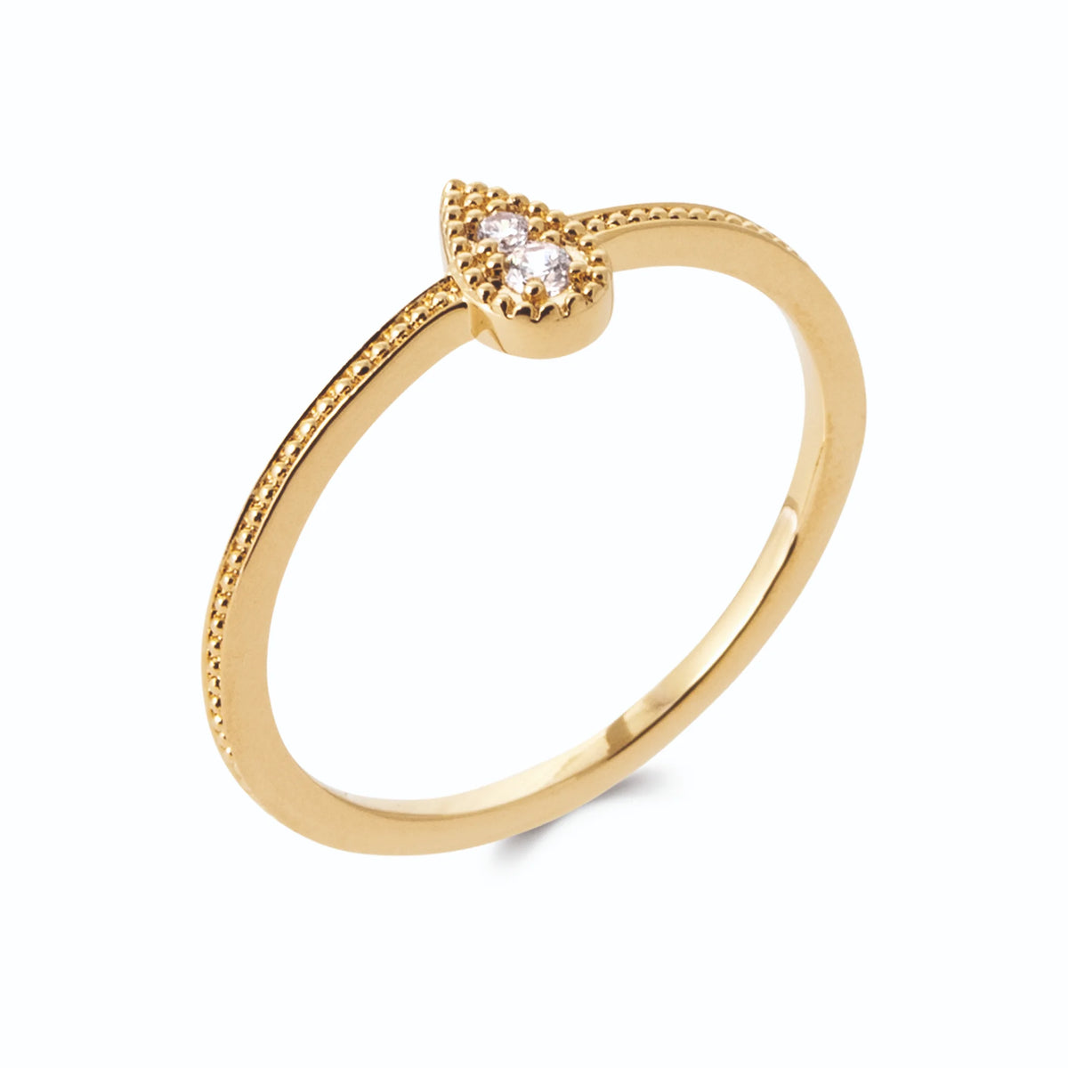 Bague zircon poire dans une collerette perlée sur anneau perlé en plaqué or