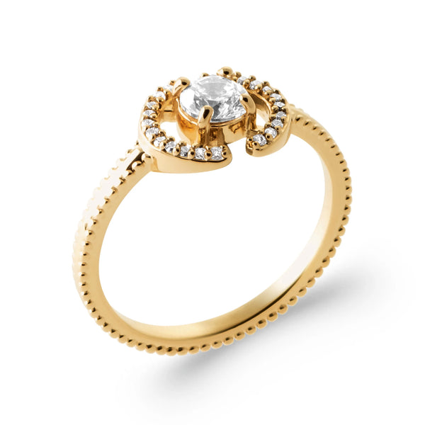 Bague zircon rond entre deux arcs pavés et anneau perlé en plaqué or, vue de trois quarts