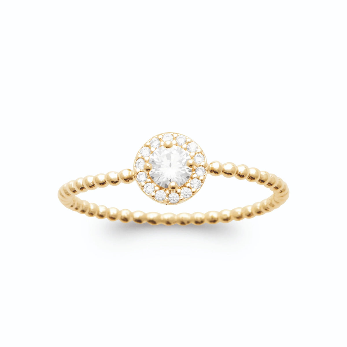 Bague zircon rond entouré et anneau perlé de billes d’or plaqué or, vue de face