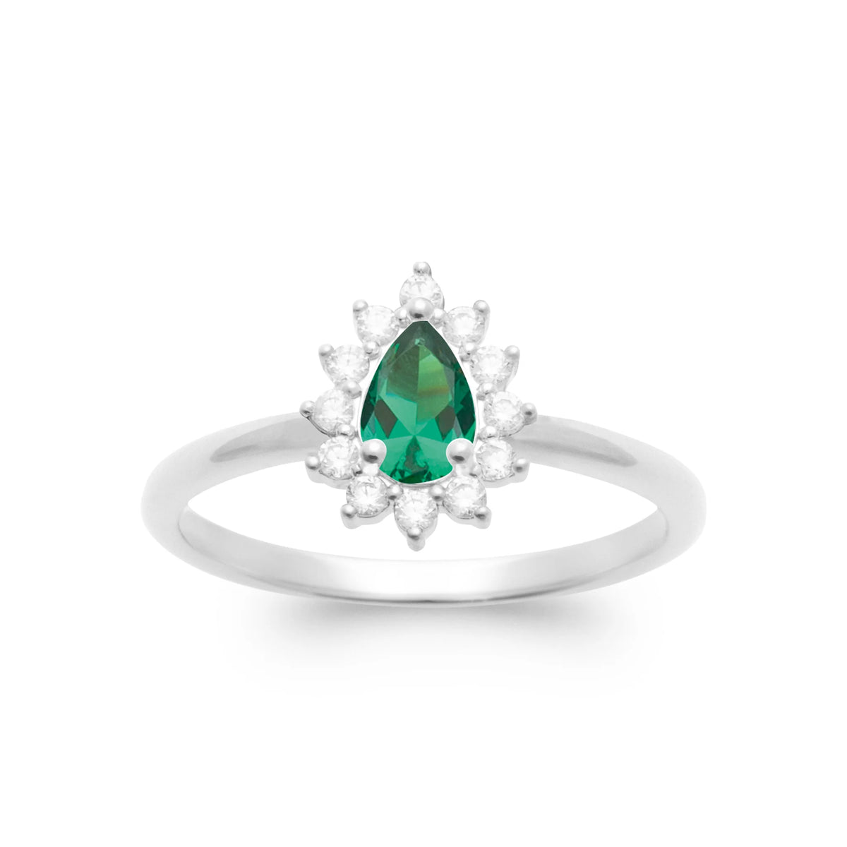 Bague zircon vert poire et halo de zircons en argent 925