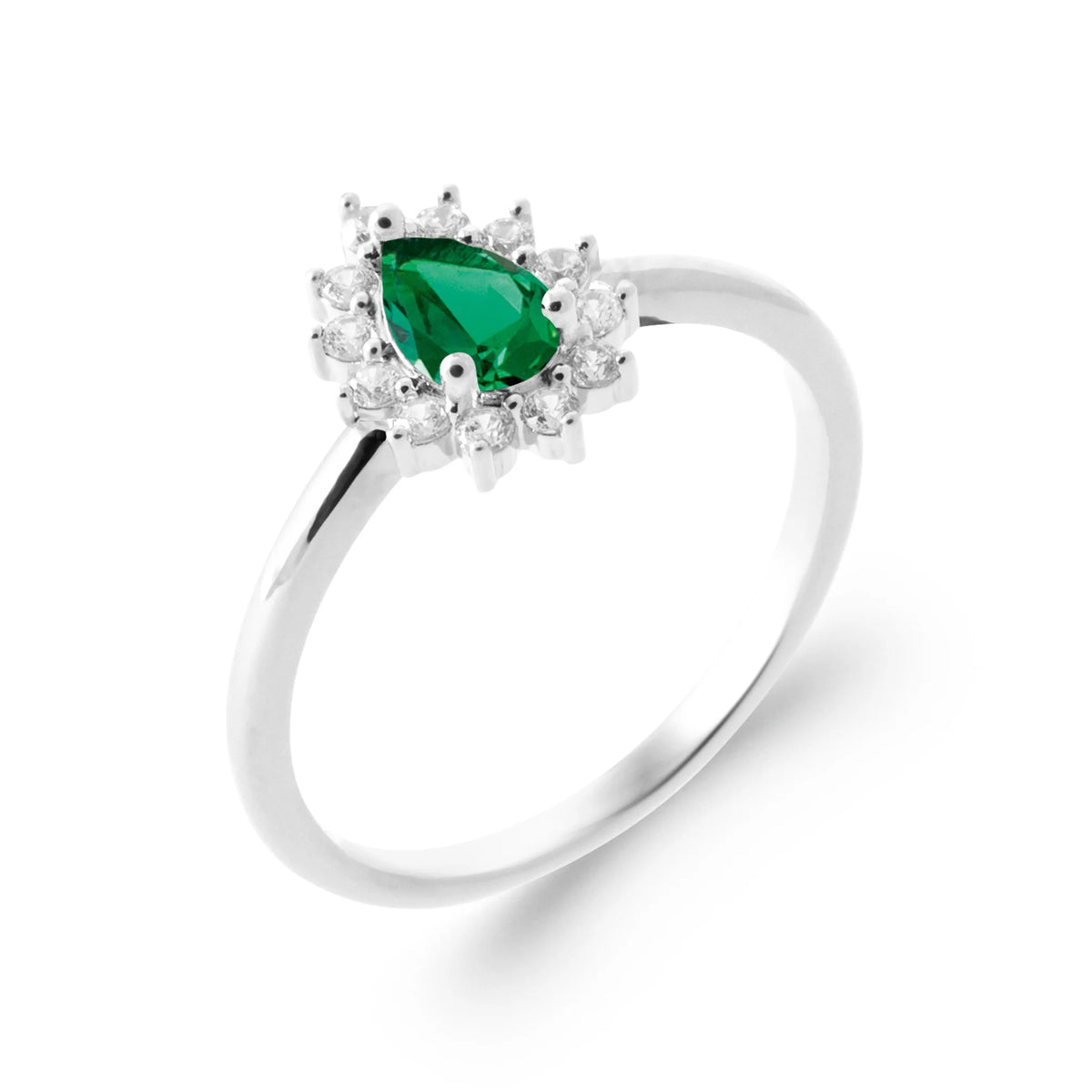 Bague zircon vert poire et halo de zircons en argent 925