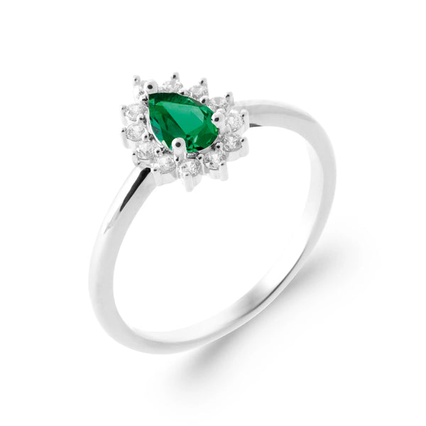 Bague zircon vert poire et halo de zircons en argent 925