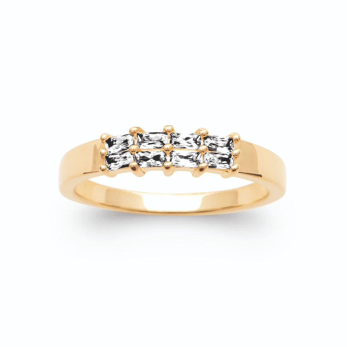 Bague zircons baguettes en quinconce sur anneau plat en plaqué or