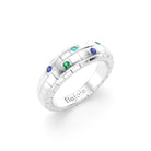 Bague brick femme en or blanc avec emeraude tourmaline paraiba et saphirs bleus