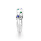 Bague brick femme en or blanc avec emeraude tourmaline paraiba et saphirs bleus