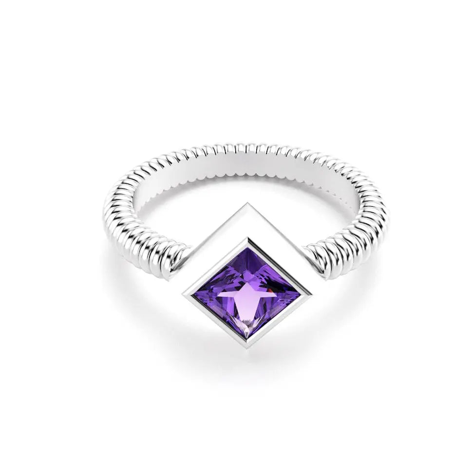 bague byzance pour femme forme carré en or blanc avec amethyste