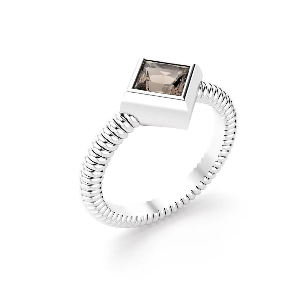 bague byzance pour femme forme carré en or blanc avec quartz fume