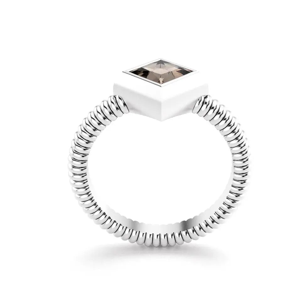 bague byzance pour femme forme carré en or blanc avec quartz fume