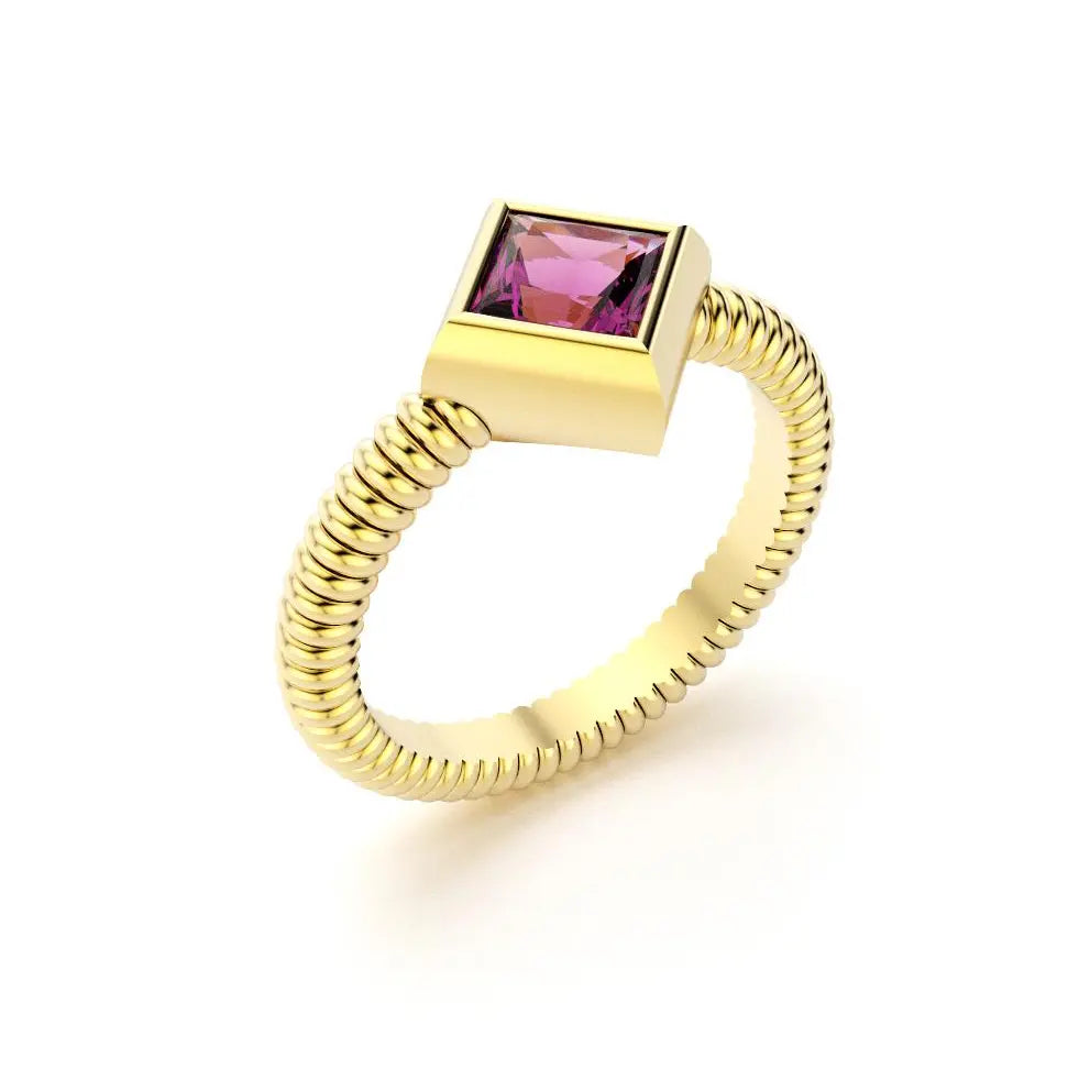 Bague femme Byzance Or Jaune 18 carats personnalisable avec pierre fine carrée de votre choix Grenat Rhodolite
