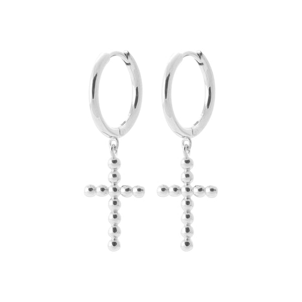 Boucles d’oreilles créoles à croix perlée en argent rhodié