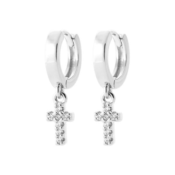Boucles d’oreilles créoles à croix sertie de zircons en argent rhodié