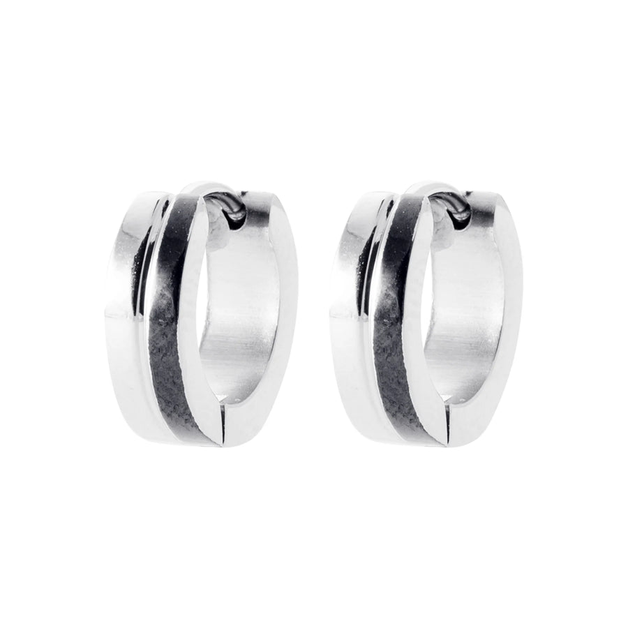 Boucles d’oreilles créoles en acier à bande noire carbone homme, vue de face