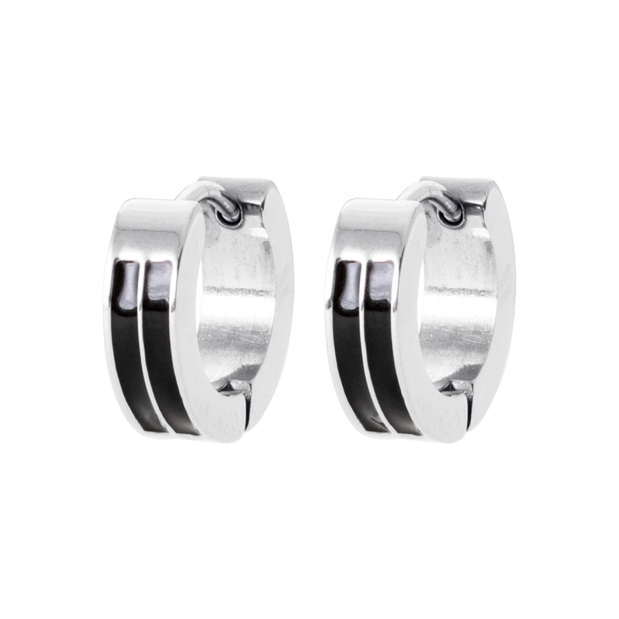 Boucles d’oreilles créoles en acier à bandes laquées noires homme, vue de face