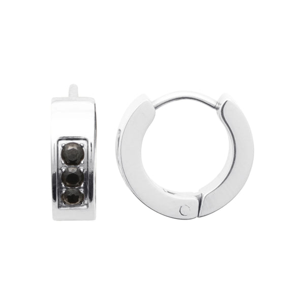Boucles d’oreilles créoles en acier serties de trois pierres noires homme, autre vue